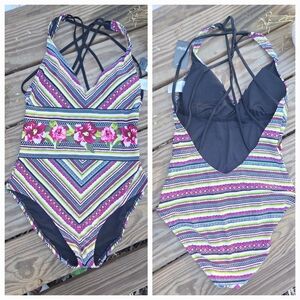NWT Multicolor Striped Floral Swimsuit